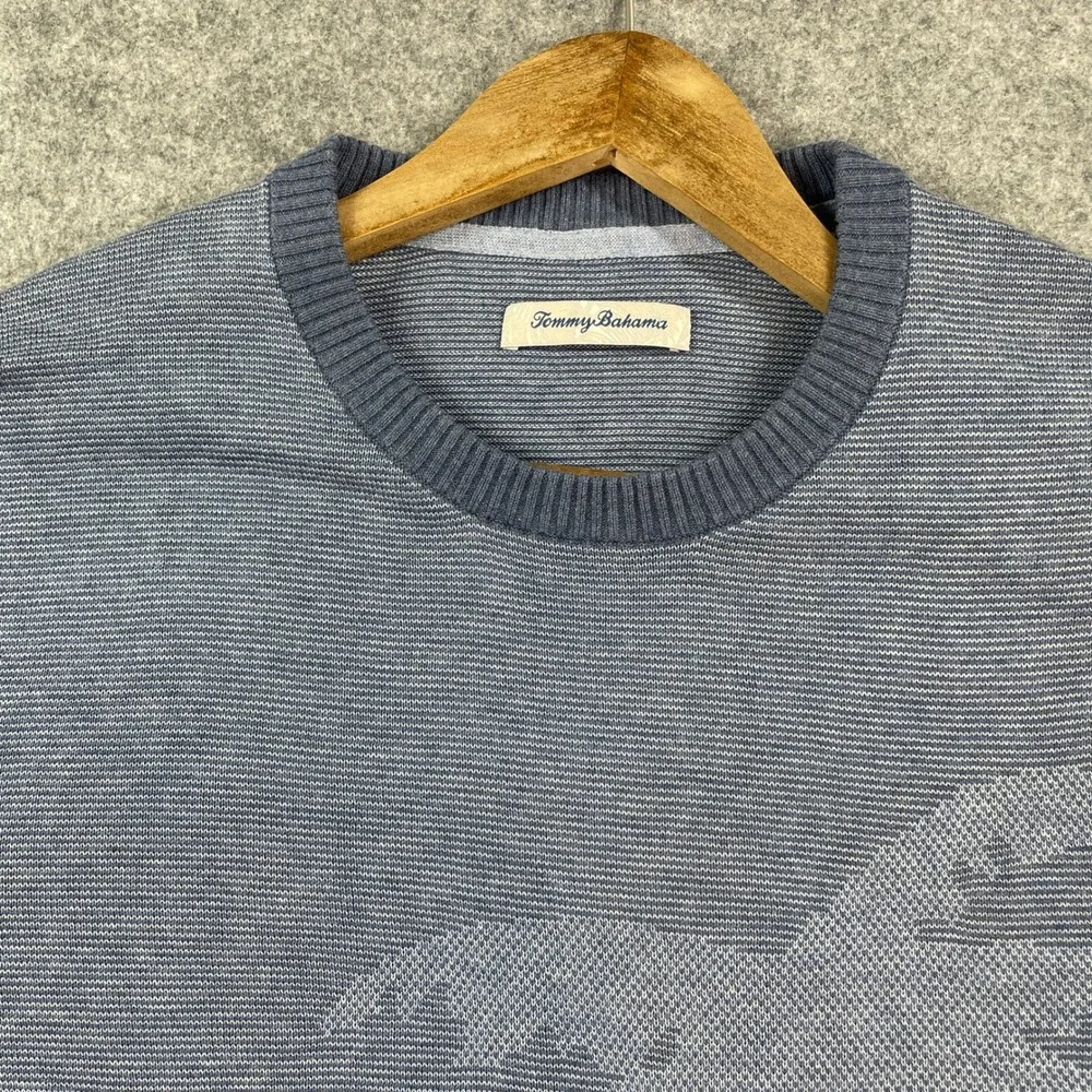 Tommy Bahama Mens Sweater XL Blue Hawaiian Tropical Print Striped Long Sleeve